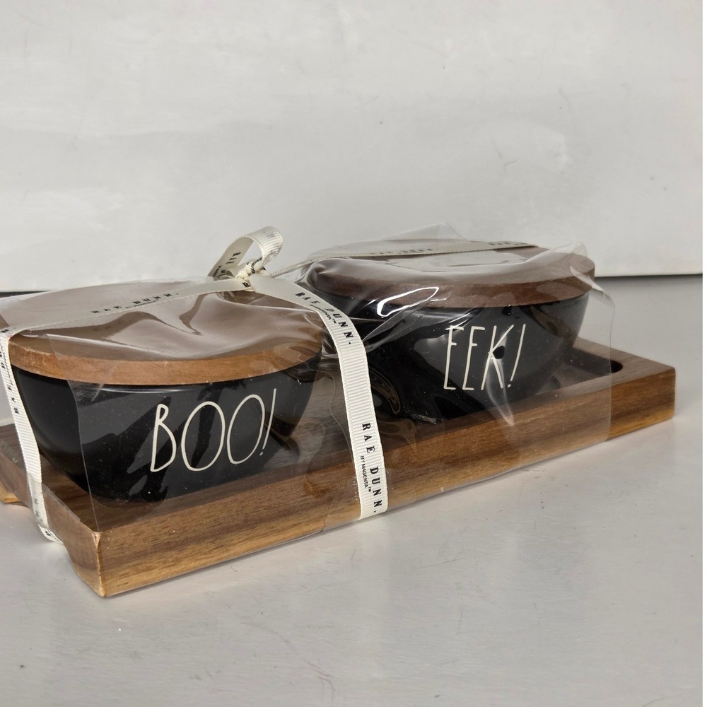 Rae Dunn Halloween Boo Eek Black Ceramic Bowls with Wood Lids and Tray Set New
